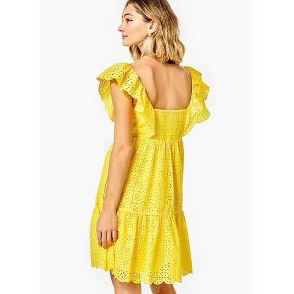 EUC Lilly Pulitzer “Asteria” yellow eyelet overlay flutter sleeve tiered dress - Picture 2 of 6